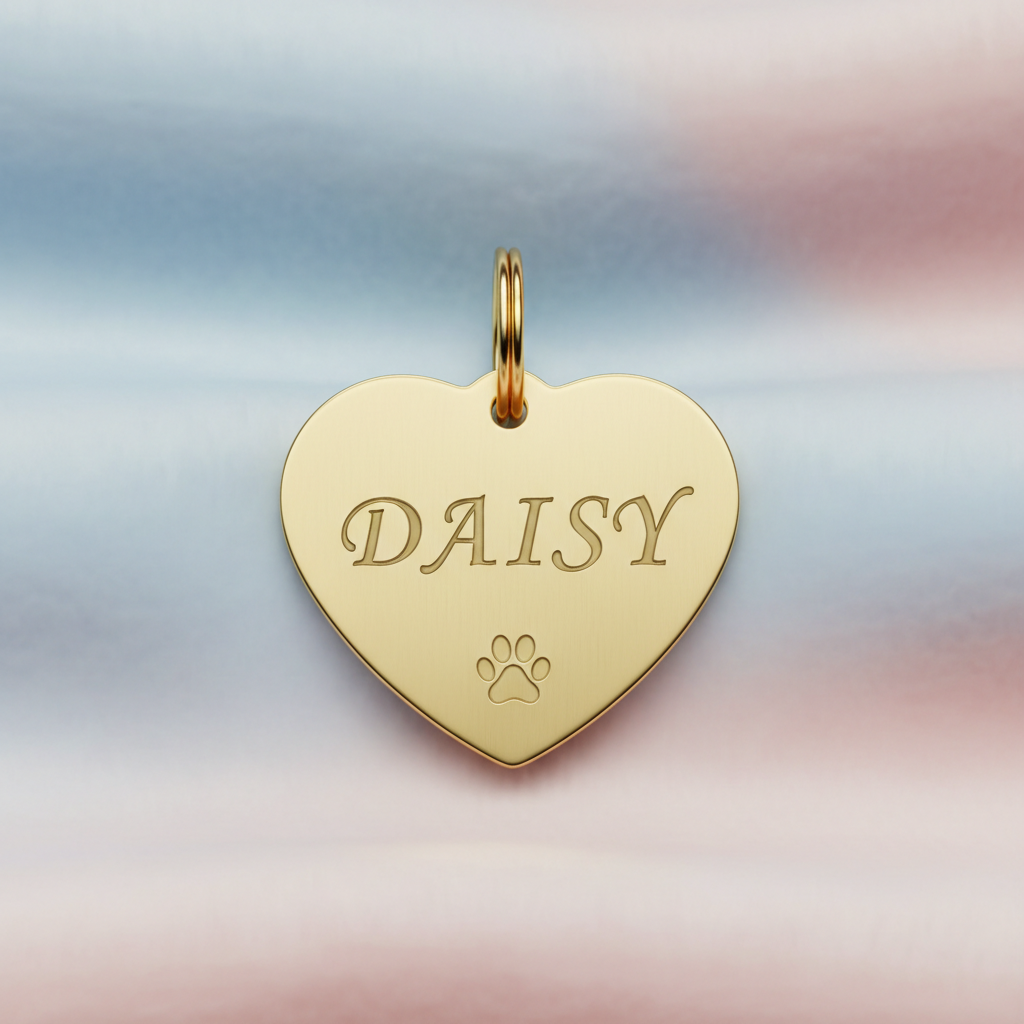 Personalized pet ID tag, heart-shaped, gold metal with engraved pet name