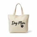 Natural canvas tote bag with Dog Mom text and paw print graphic