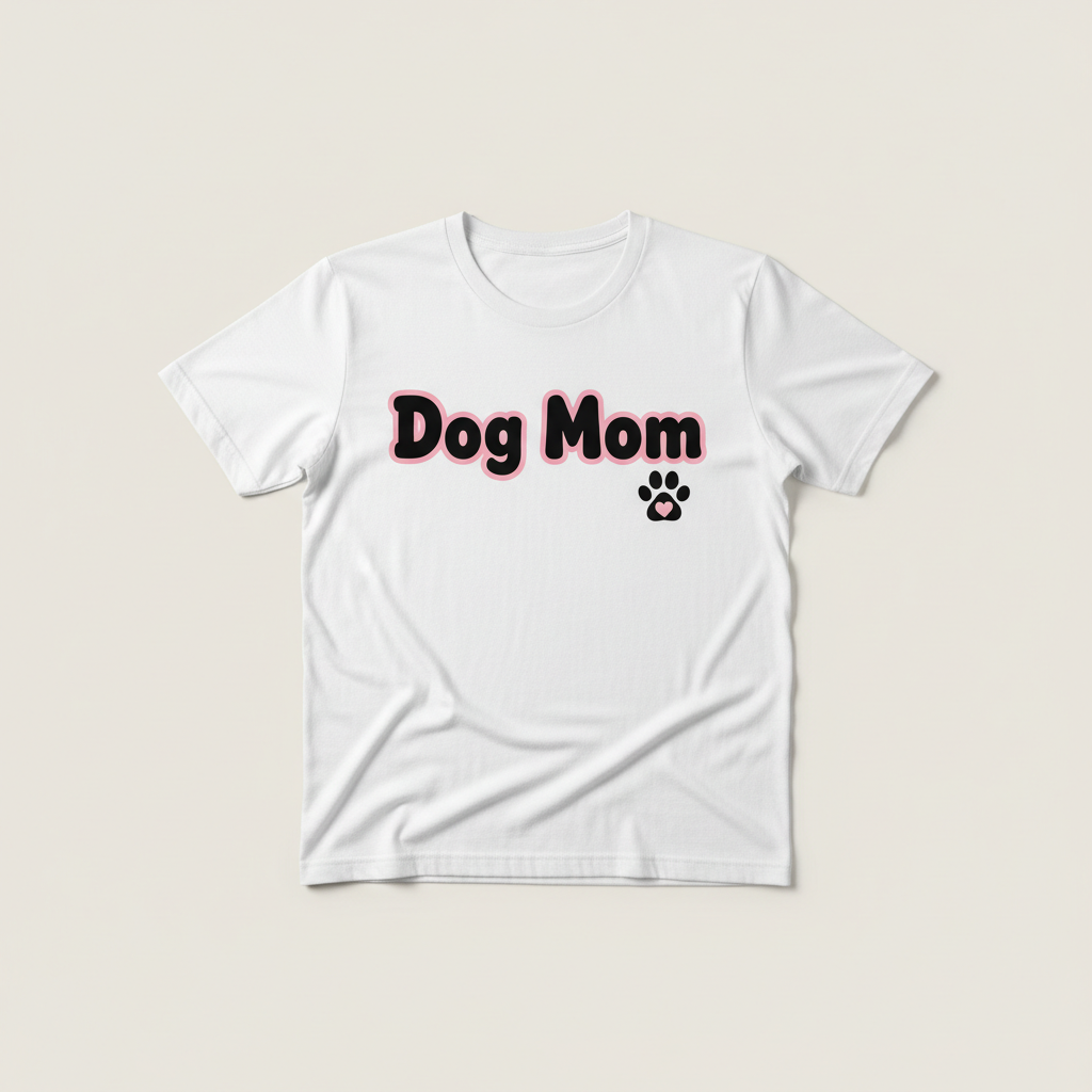 White Dog Mom t-shirt with bold text and paw print